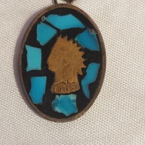 Necklace W/ Oval Pendant On Chain Turquoise On Black From Indian Head Penny VTG